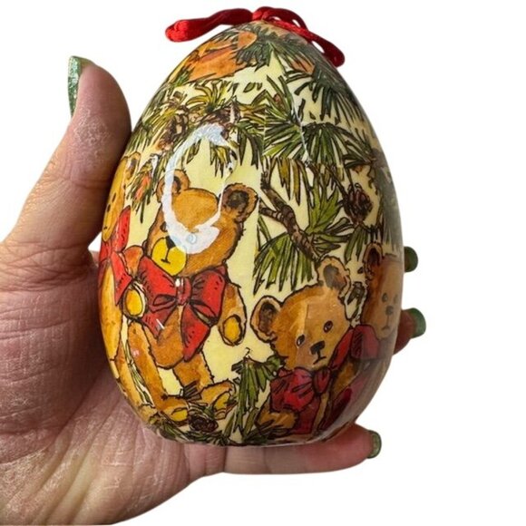 Vintage Teddy Bear Egg-Shaped Ornament With Red Accents & Hanging Ribbon - Picture 5 of 6